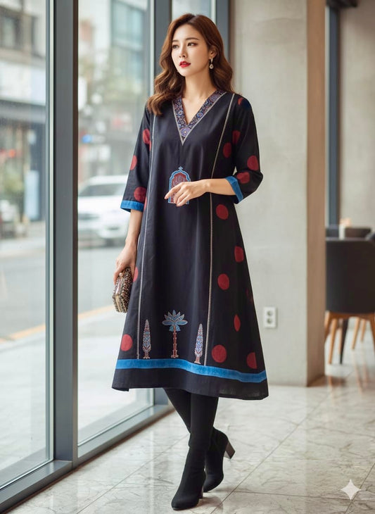 Black and Red Jharokha and Polka Motif Modal Silk Ajrakh Hand Block Print Designer Unstitched Fabric (Kurta Only)