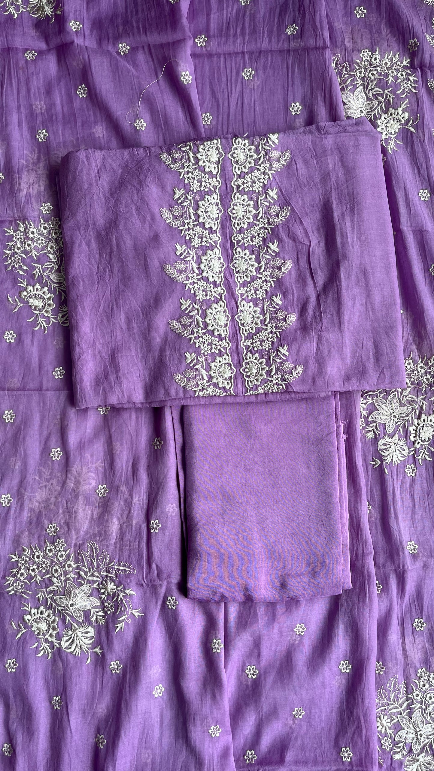 Lavender Pure Mul Chanderi 3 pc Suit Set with Embroidery on Yoke and Heavy Embroidered Dupatta