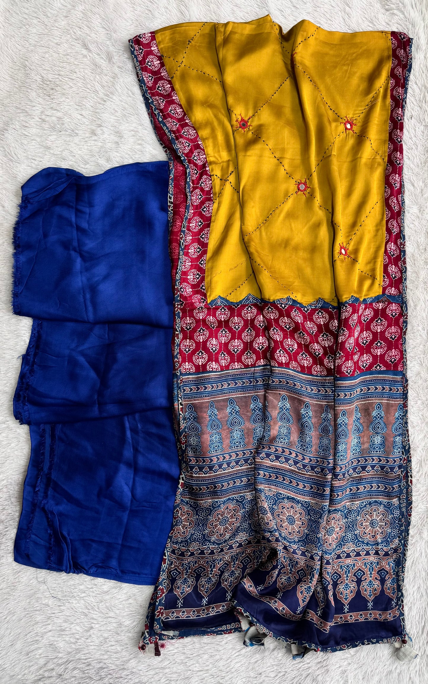 Blue Solid Shade Modal Silk Suit Material with Multi Shade Modal Silk Dupatta with Mirror Work