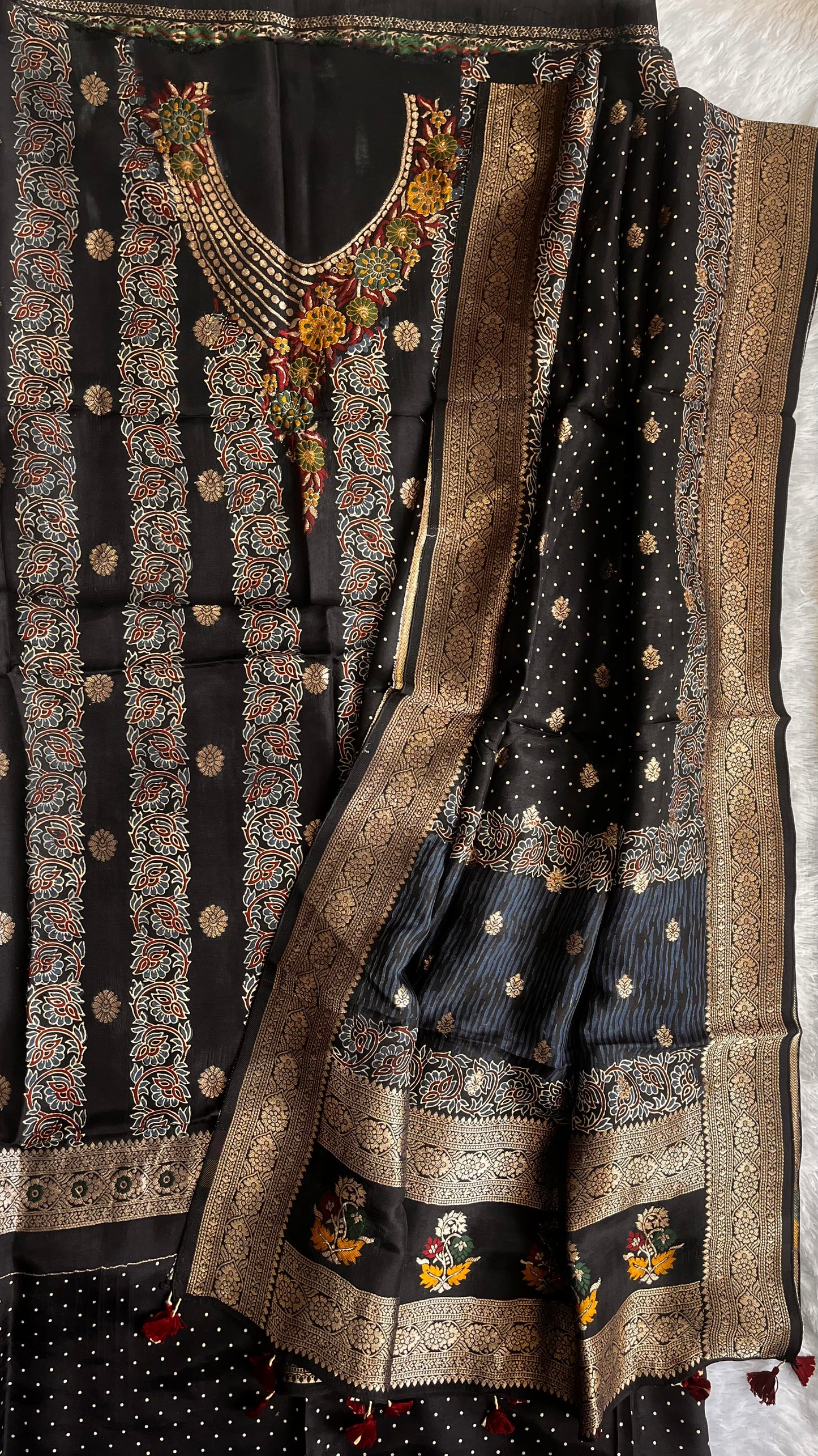 Royal Black Dhaari Boota Pure Dola Silk Ajrakh Hand Block Print 2pc Suit Material Set with Menakari Yoke and Nakkashi Dupatta