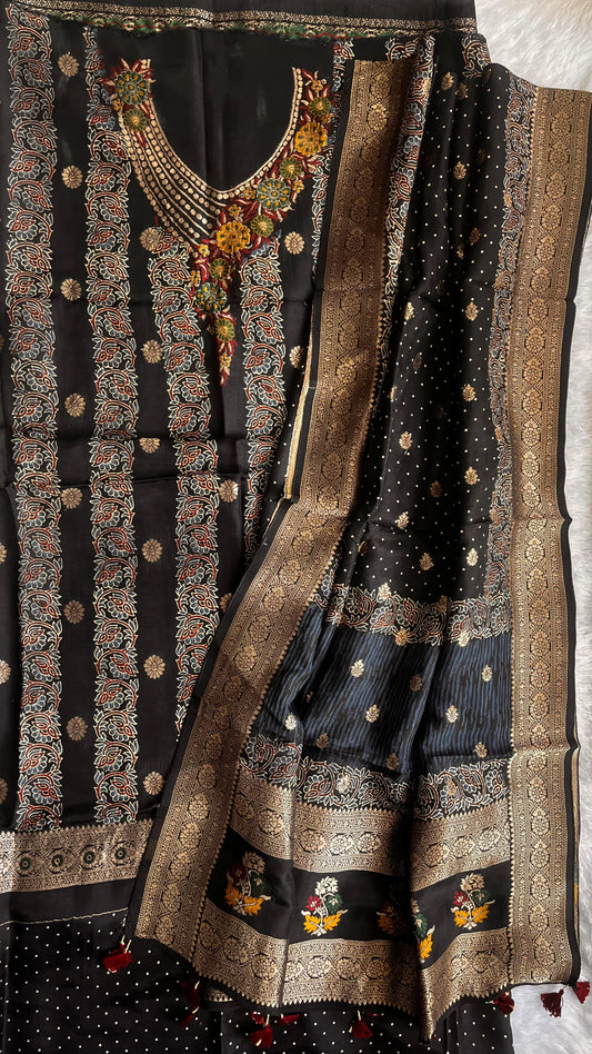 Royal Black Dhaari Boota Pure Dola Silk Ajrakh Hand Block Print 2pc Suit Material Set with Menakari Yoke and Nakkashi Dupatta