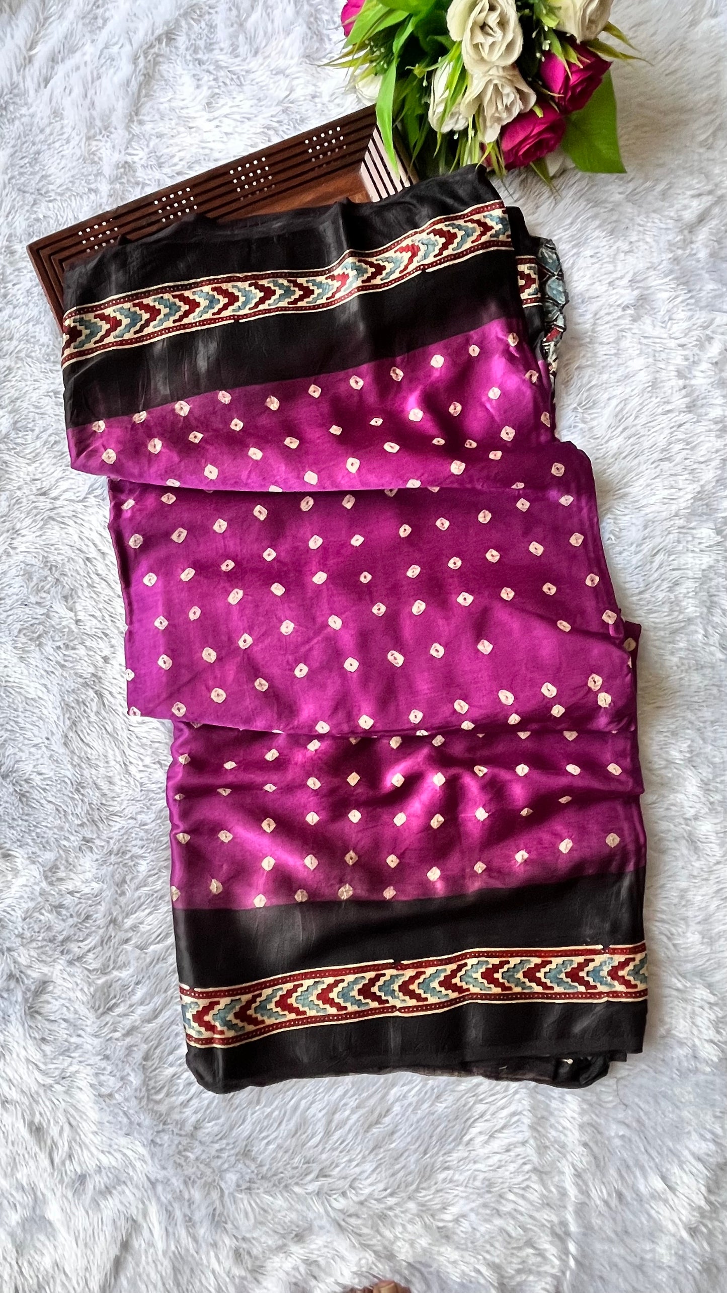 Purple Panache Ajrakh Bandhej Hand Block Saree With Blouse