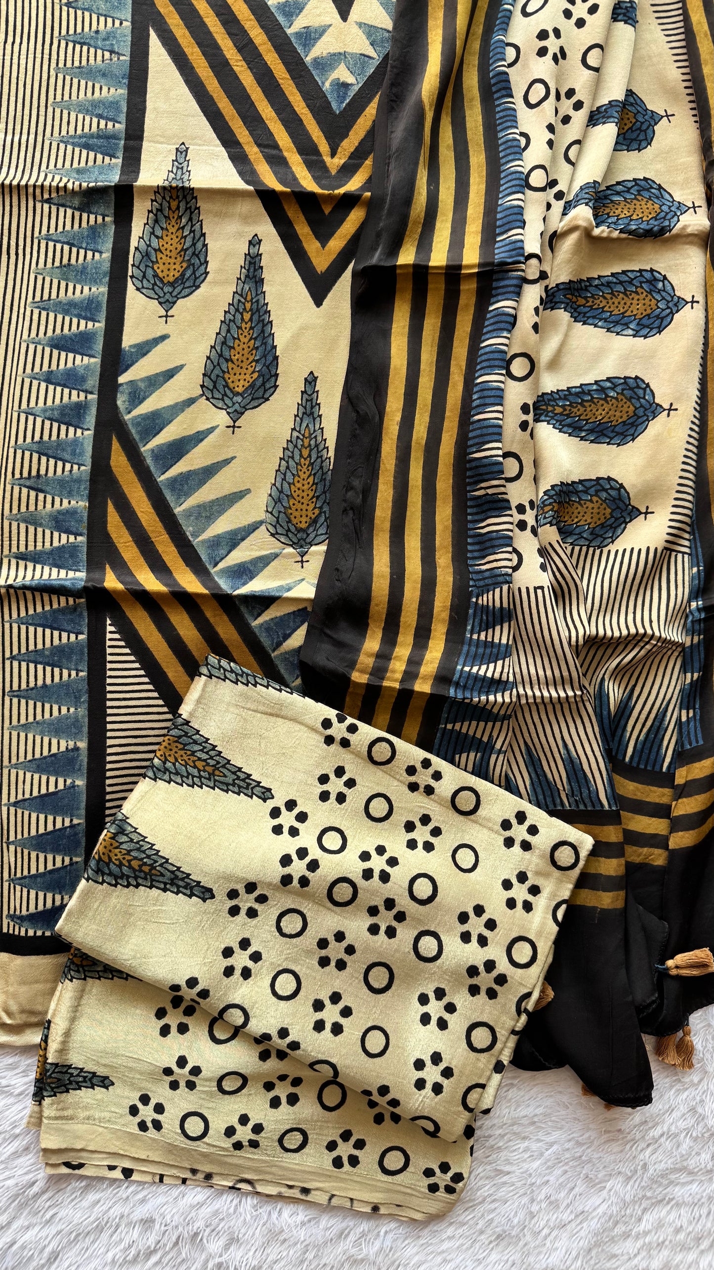 Off White Asopallav Motif Ajrakh Hand Block Print Mashru Silk 3 pc Suit Material with Modal Silk Dupatta