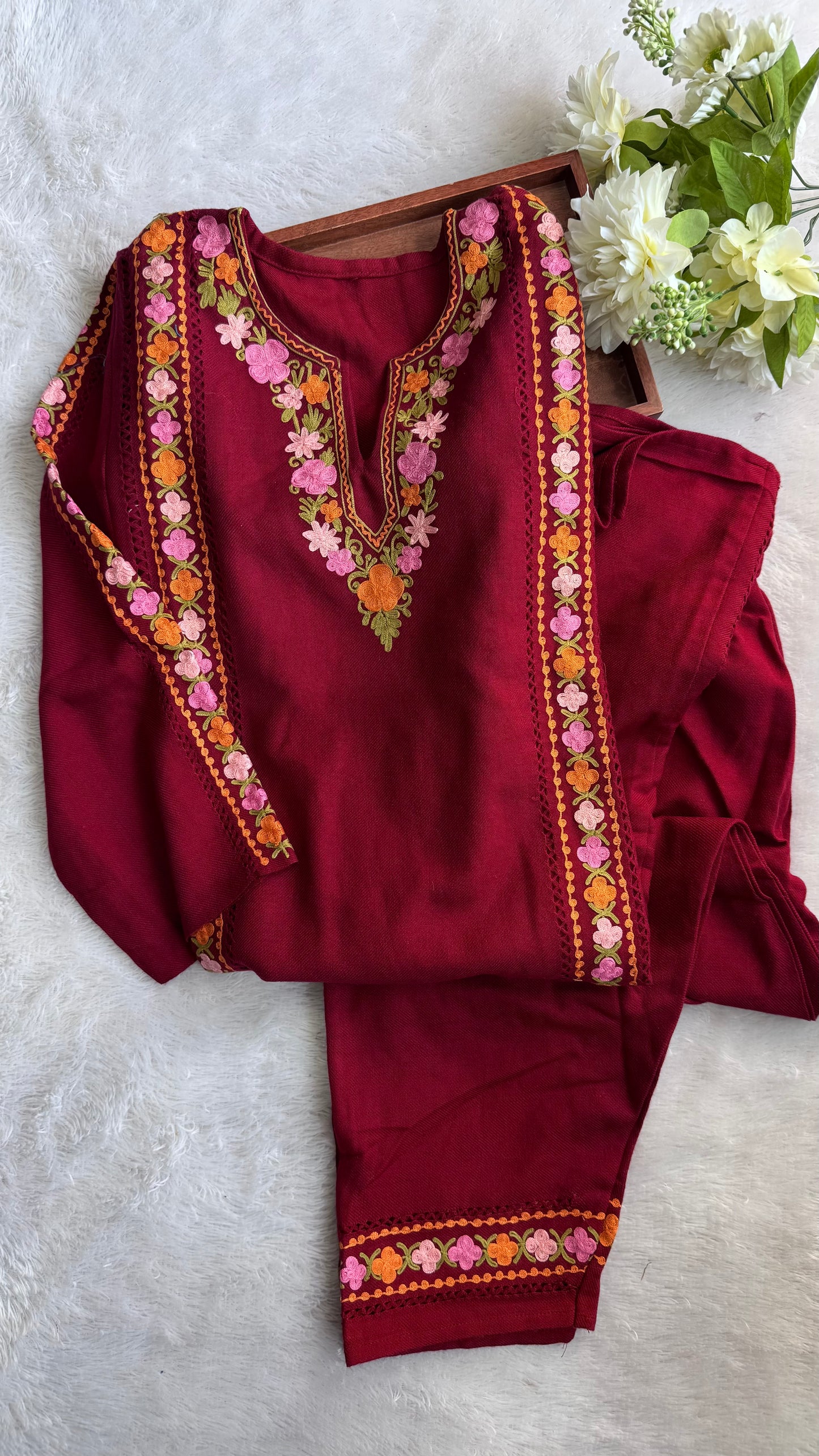Maroon with Multicoloured Floral Kashmiri Aari Hand Embroidered Woollen Pheran Set with Pockets and Pants