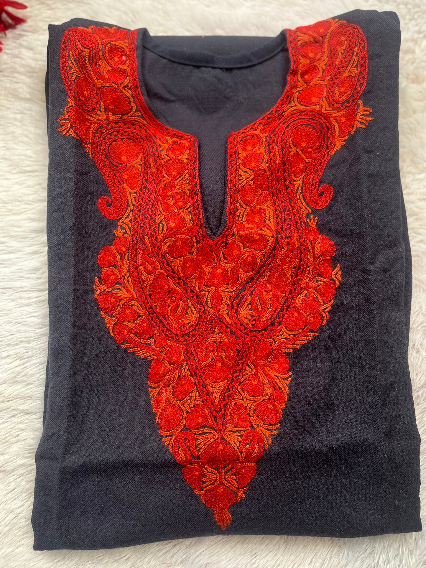 Navy Blue and Red Hand Embroidered Pure Marino Wool Pheran with Pockets