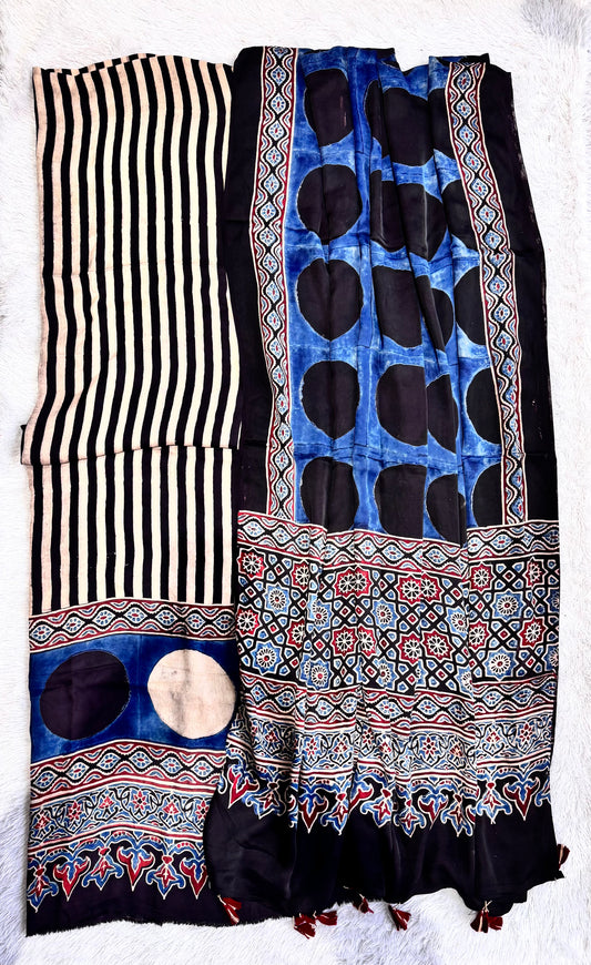 Black and Off White Moti Dhaari Motif Pure Modal Silk Suit Material with Ajrakh Modal Silk Dupatta