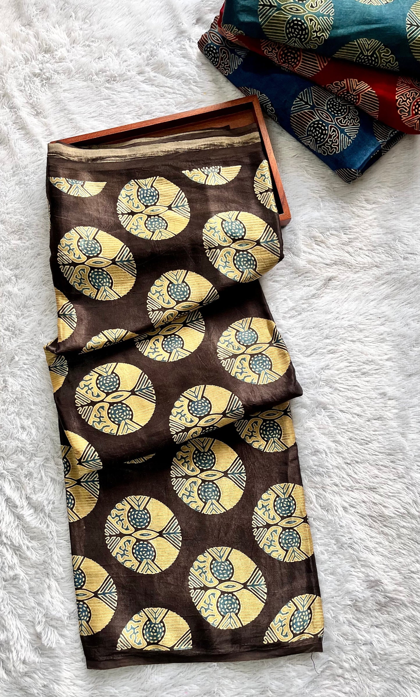 Brown Circle Motif Ajrakh Print Mashru Silk Blouse Piece