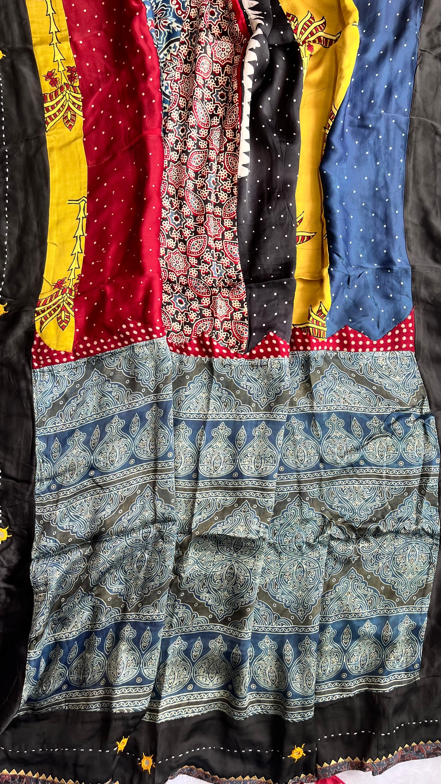 Multicolour Ajrakh Applique Patchwork Modal Silk Kantha Work Dupatta with Tassels and Mirror-work