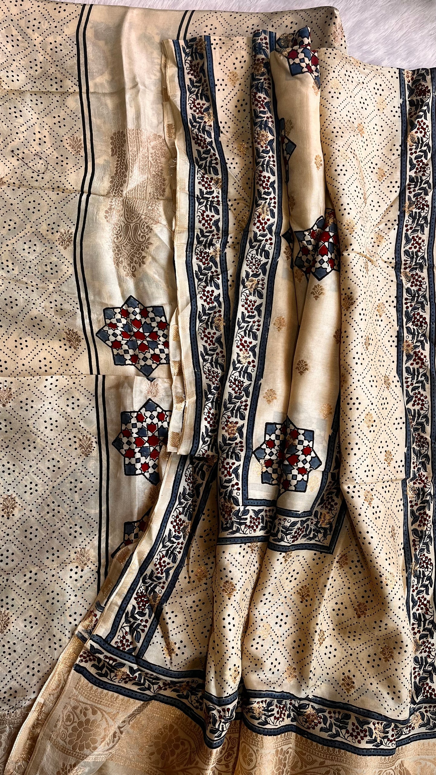 Off White Bareek Boota Pure Dola Silk Ajrakh Hand Block Print 2pc Suit Material Set with Menakari Yoke and Nakkashi Dupatta