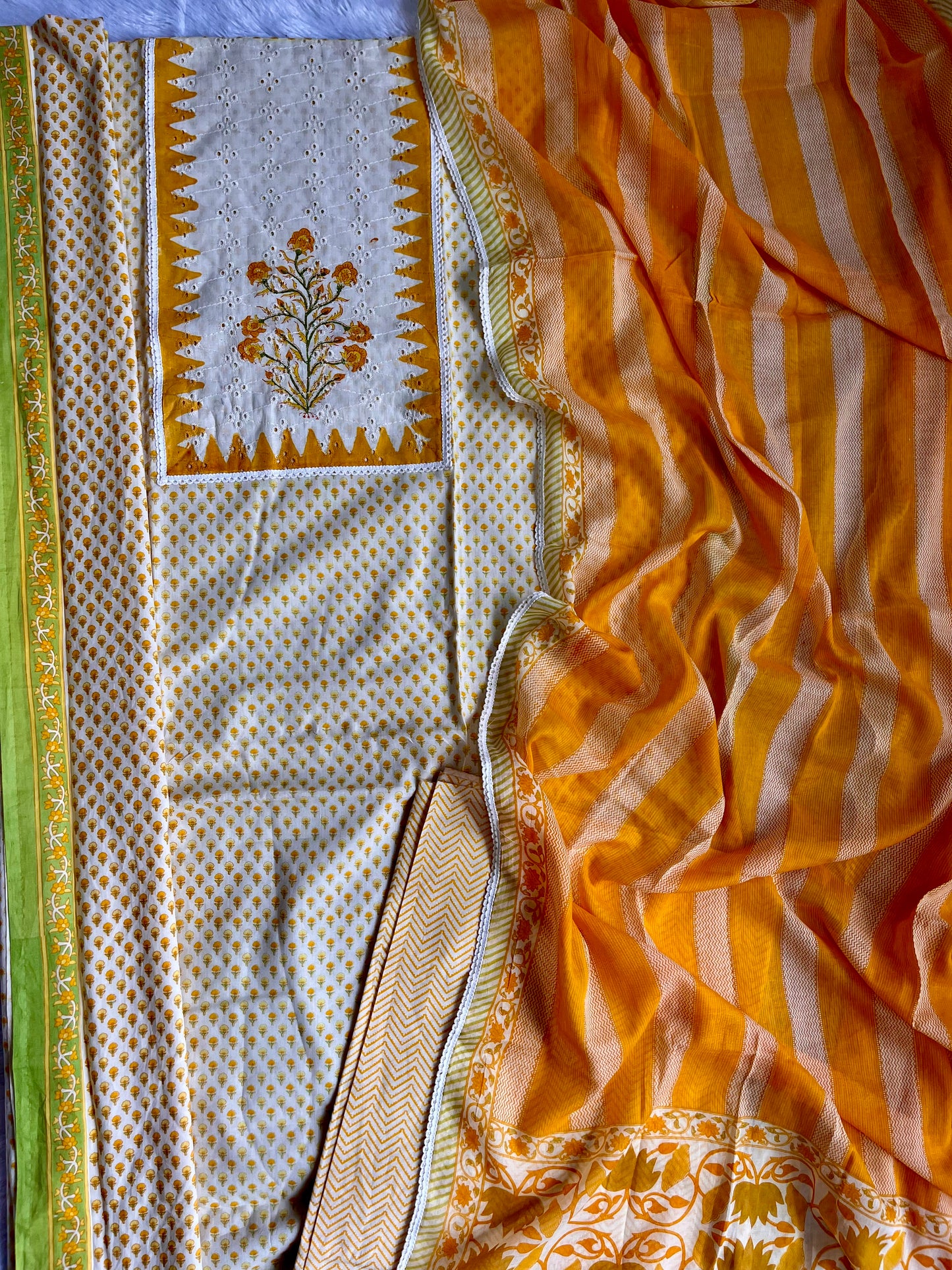 Yellow Small Booti with Schiffli Yoke Unstitched Pure Cotton Suit Set with Mul Cotton Dupatta