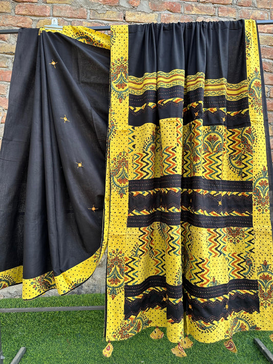 Black and Yellow Pure Cotton Saree with Ajrakh Applique Patchwork and Tassels
