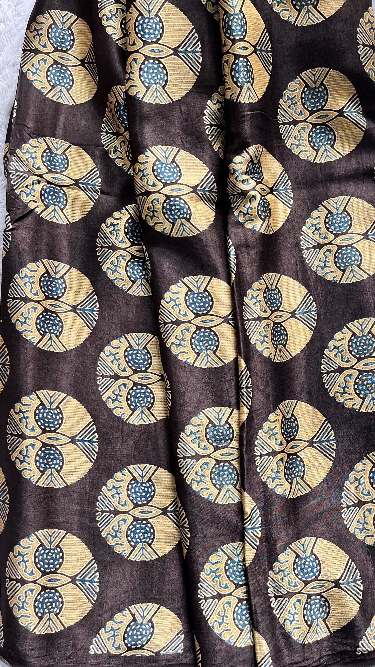 Coffee Brown Circle Motif Ajrakh Mashru Silk Fabric