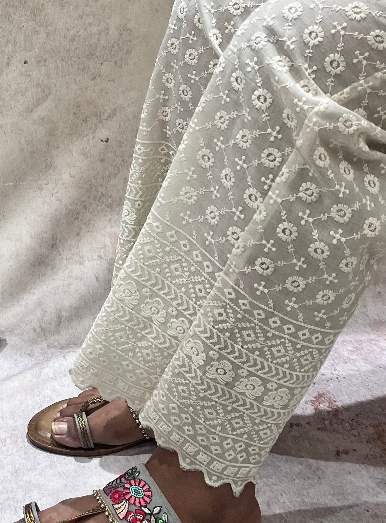 Off White Cotton Pants with Full Chikankari Work