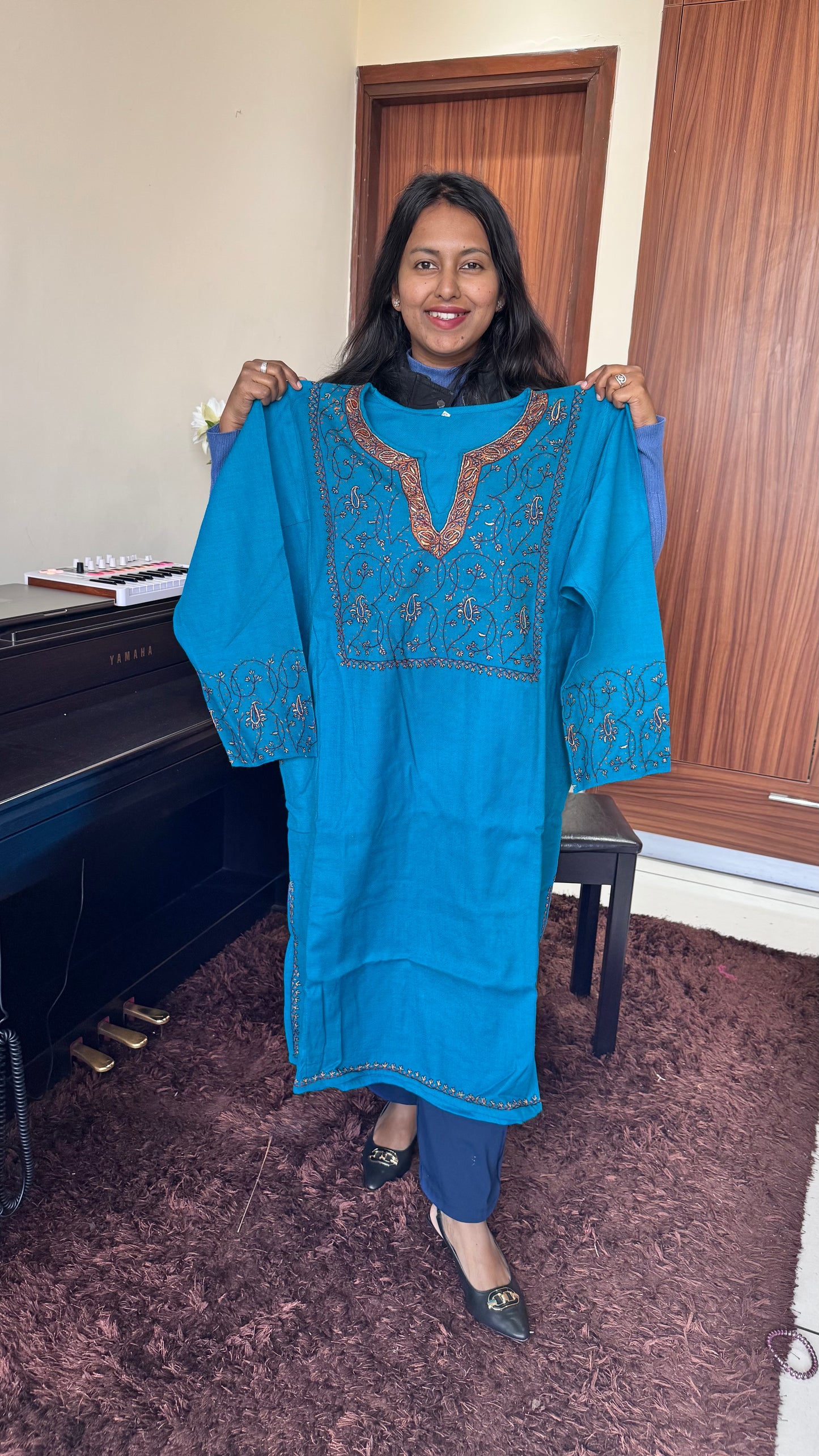 Firozi Shade Sozni Hand Embroidered Pure Marino Wool Kashmiri Pheran with Pockets and Hand Embroidered Sleeves (Size 56”)