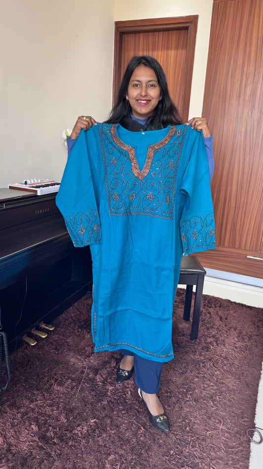 Firozi Shade Sozni Hand Embroidered Pure Marino Wool Kashmiri Pheran with Pockets and Hand Embroidered Sleeves (Size 56”)