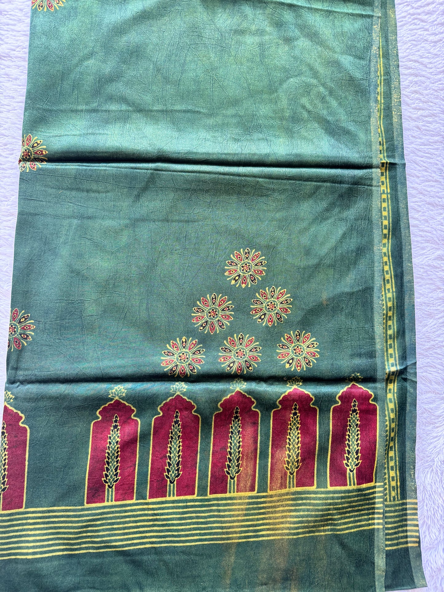 Green Minaar Motif Ajrakh Hand Block Print Mashru Silk 3 pc Suit Material with Modal Silk Dupatta