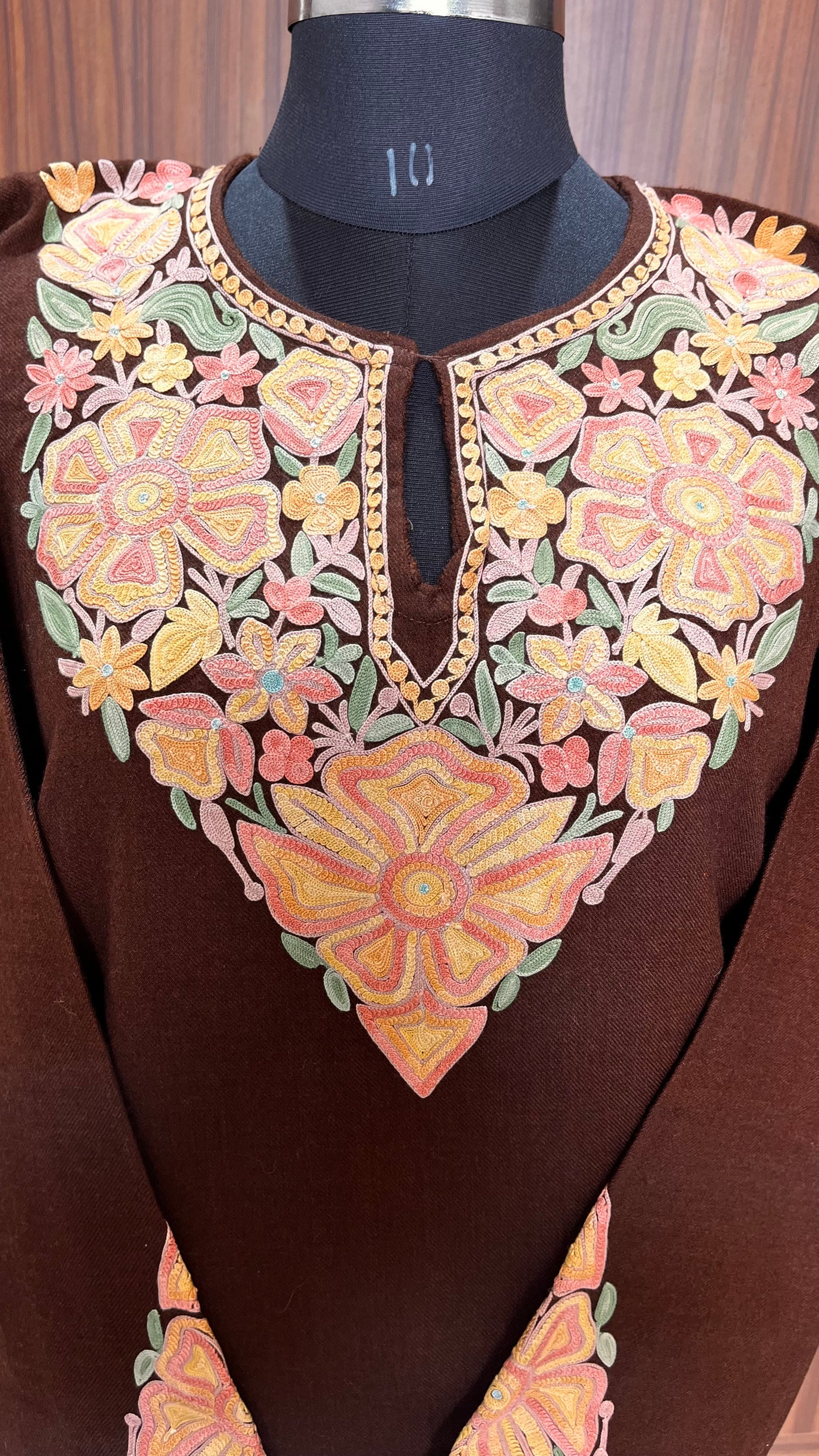 Dark Brown Aari Hand Embroidered Pure Marino Wool Pheran with Pockets