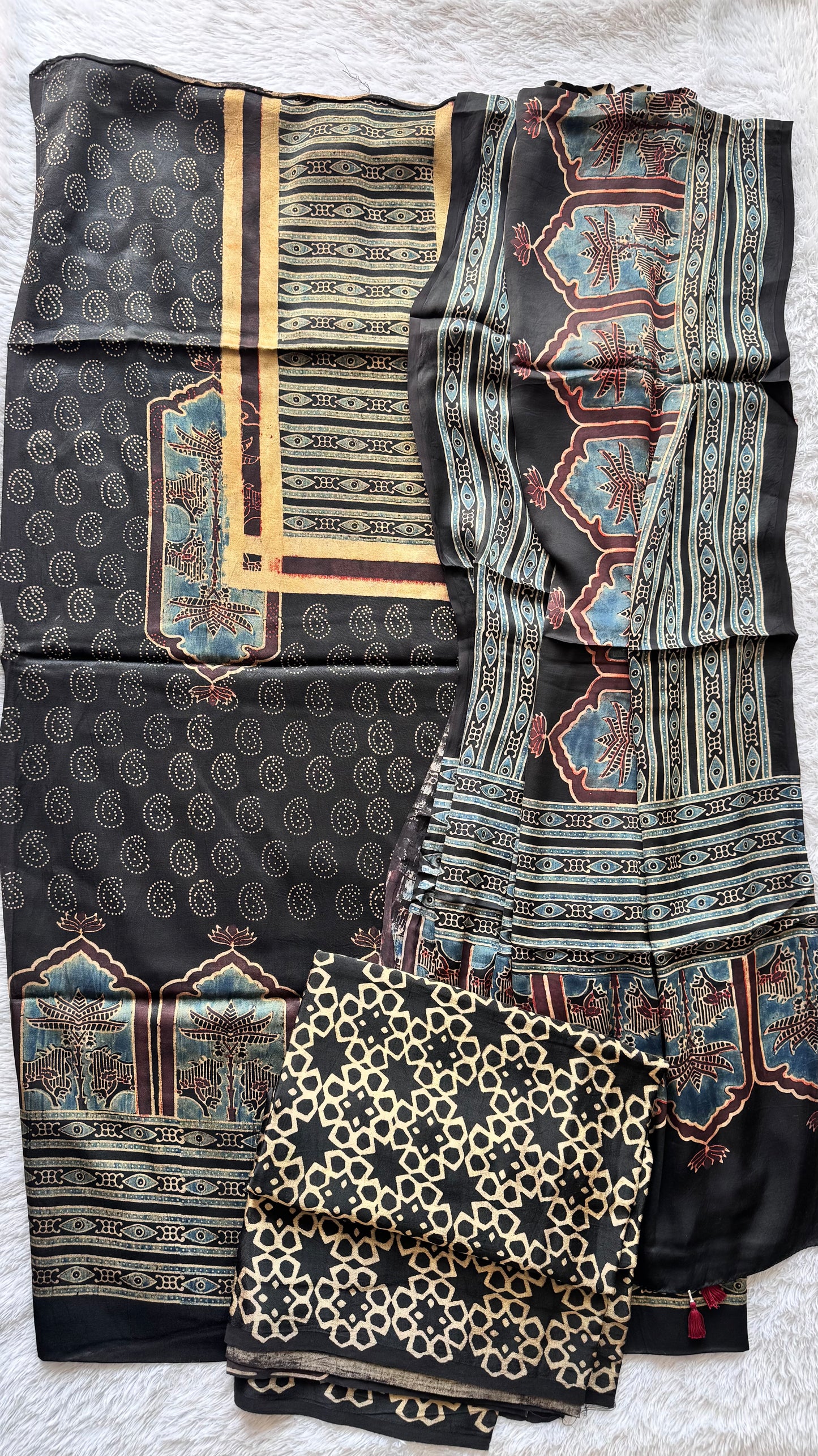 Black Jharokha Motif Ajrakh Hand Block Print Mashru Silk 3 pc Suit Material with Modal Silk Dupatta