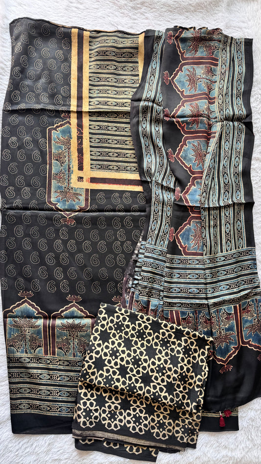 Black Jharokha Motif Ajrakh Hand Block Print Mashru Silk 3 pc Suit Material with Modal Silk Dupatta