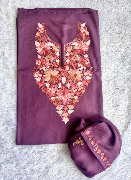 Lavender Muslin Cotton Kashmiri Aari Embroidered 3pc Suit Set