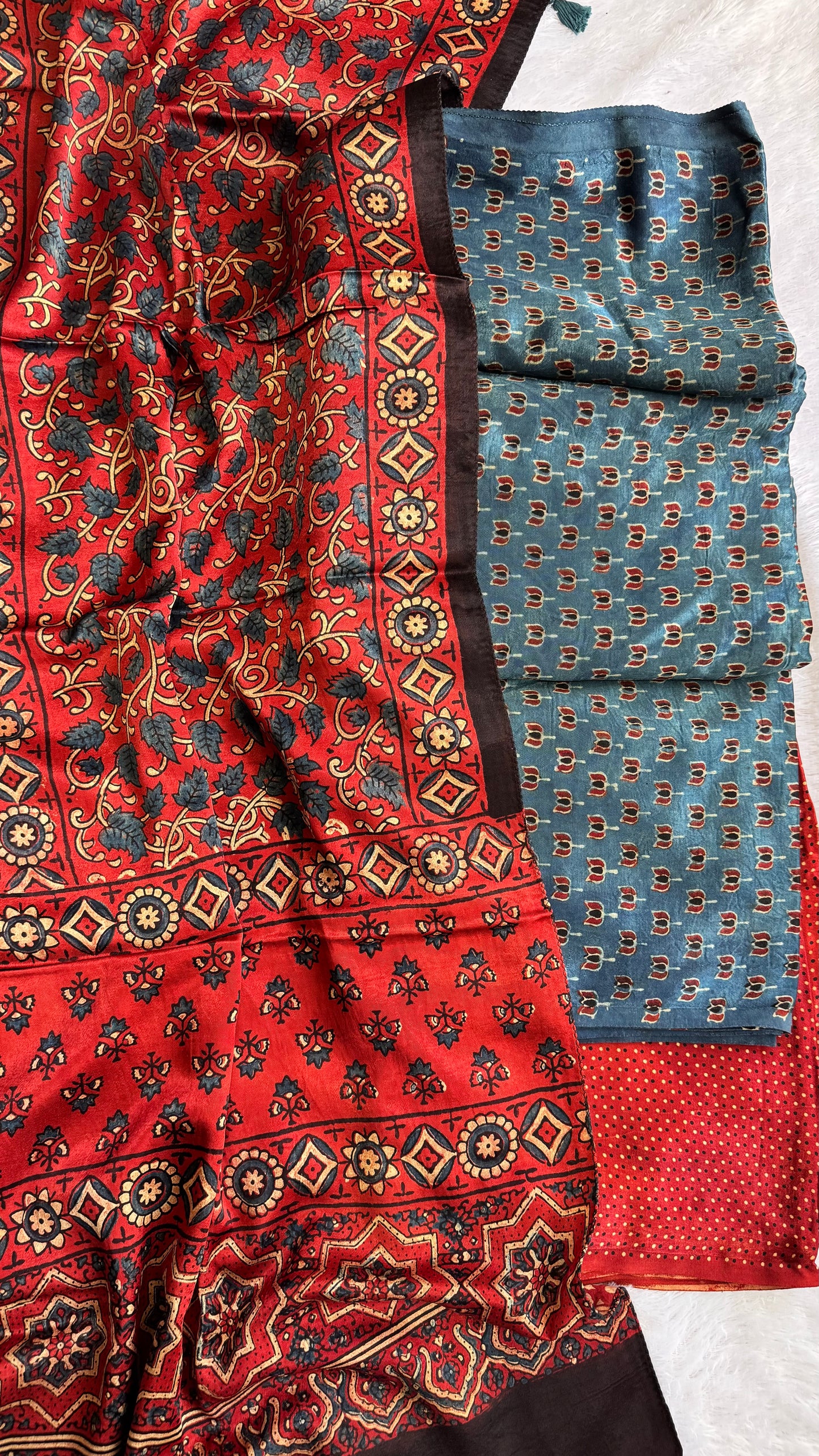 Blue Kamal Buti Motif Mashru 3 pc Suit Set with Ajrakh Mashru Tasseled Silk Stole