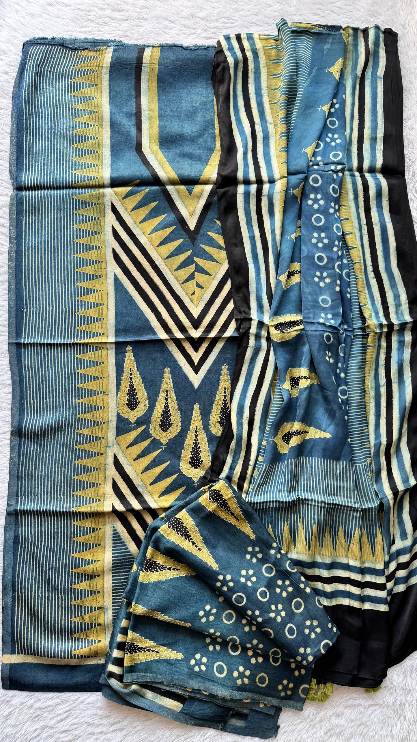 Indigo Asopallav Motif Ajrakh Hand Block Print Mashru Silk 3 pc Suit Material with Modal Silk Dupatta