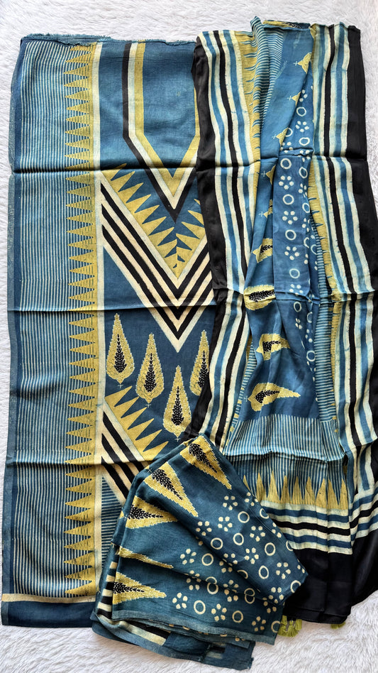 Indigo Asopallav Motif Ajrakh Hand Block Print Mashru Silk 3 pc Suit Material with Modal Silk Dupatta