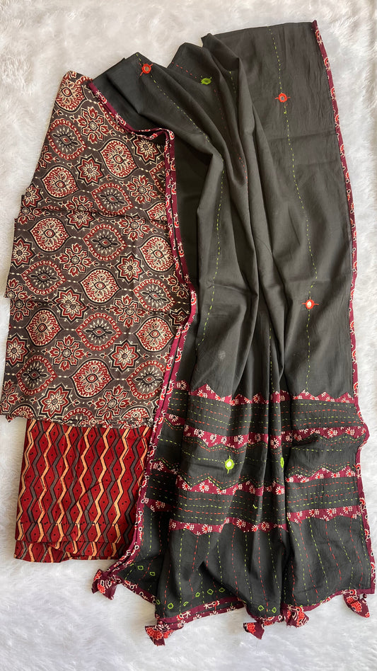 Brown and Red Badaam Buti Ajrakh Unstitched Suit Set with Cotton Applique Work Dupatta