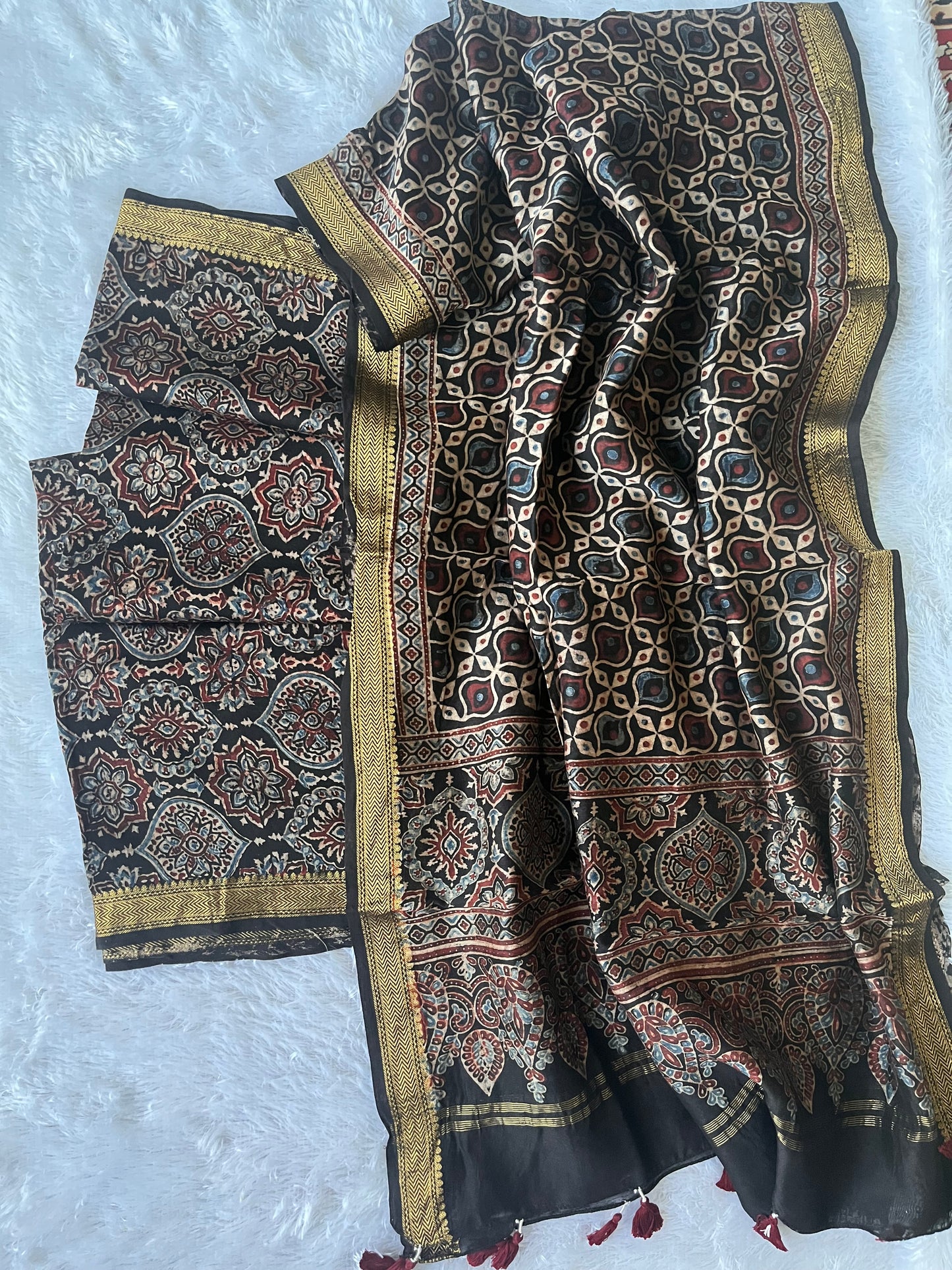 Black Badaam Buta Motif Ajrakh Hand Block Print Chanderi Silk Suit Material