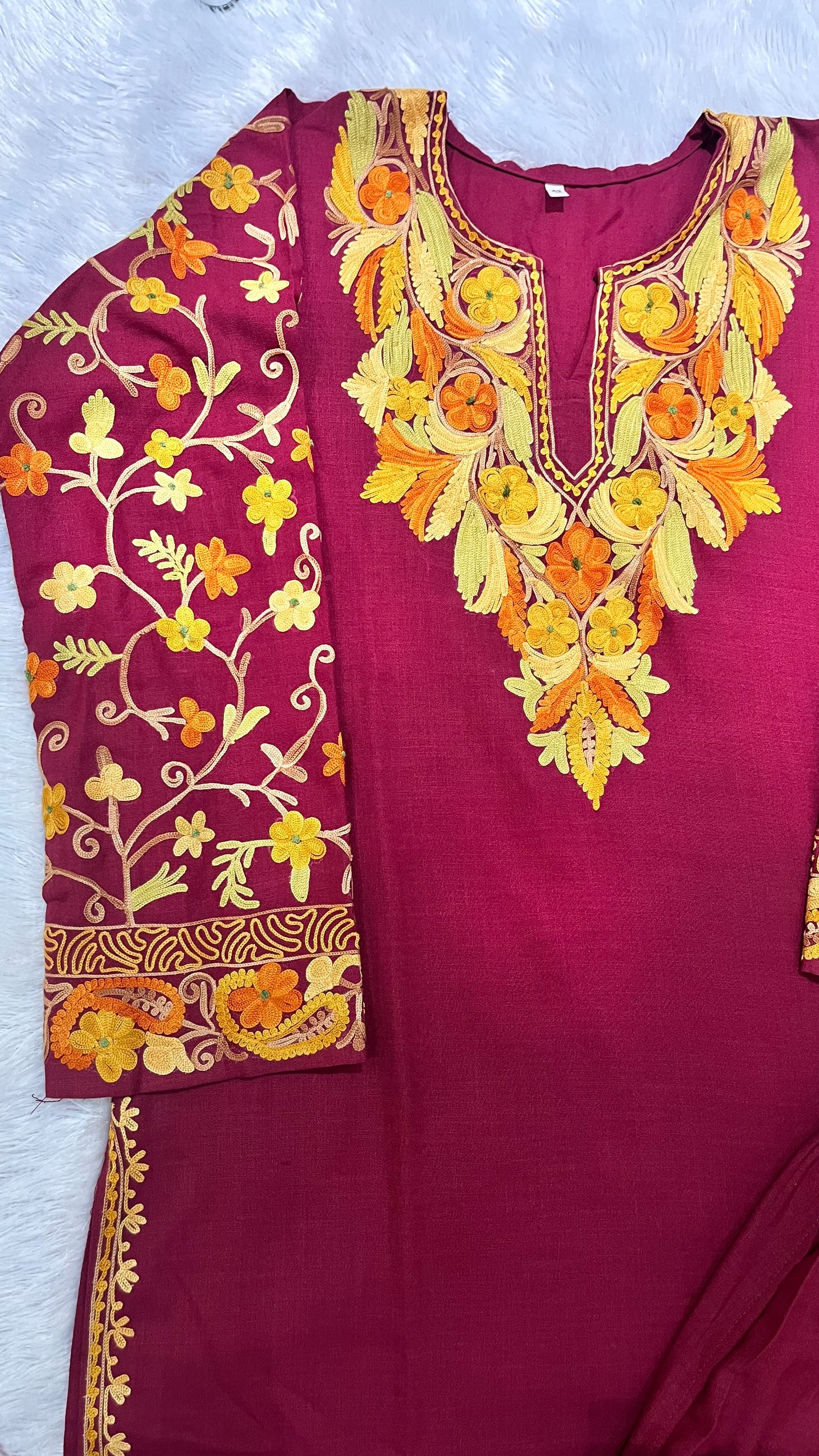 Maroon Floral Threadwork Pure Cotton Kashmiri Embroidery Kurta and Pant Set ( Size 40, 42)