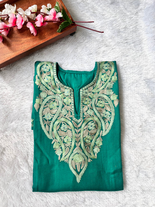 Teal Shade Kashmiri Aari Work Full Embroidered Pheran with Pockets