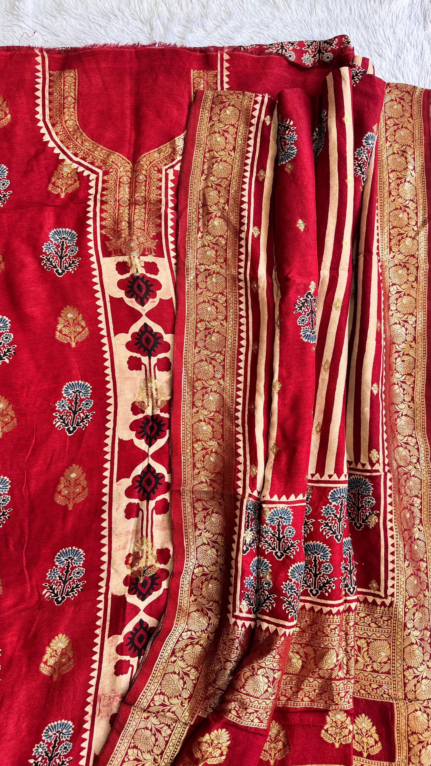 Ravishing Red Rose Boota Pure Dola Silk Ajrakh Hand Block Print 2pc Suit Material Set with Zari Yoke and Nakkashi Dupatta