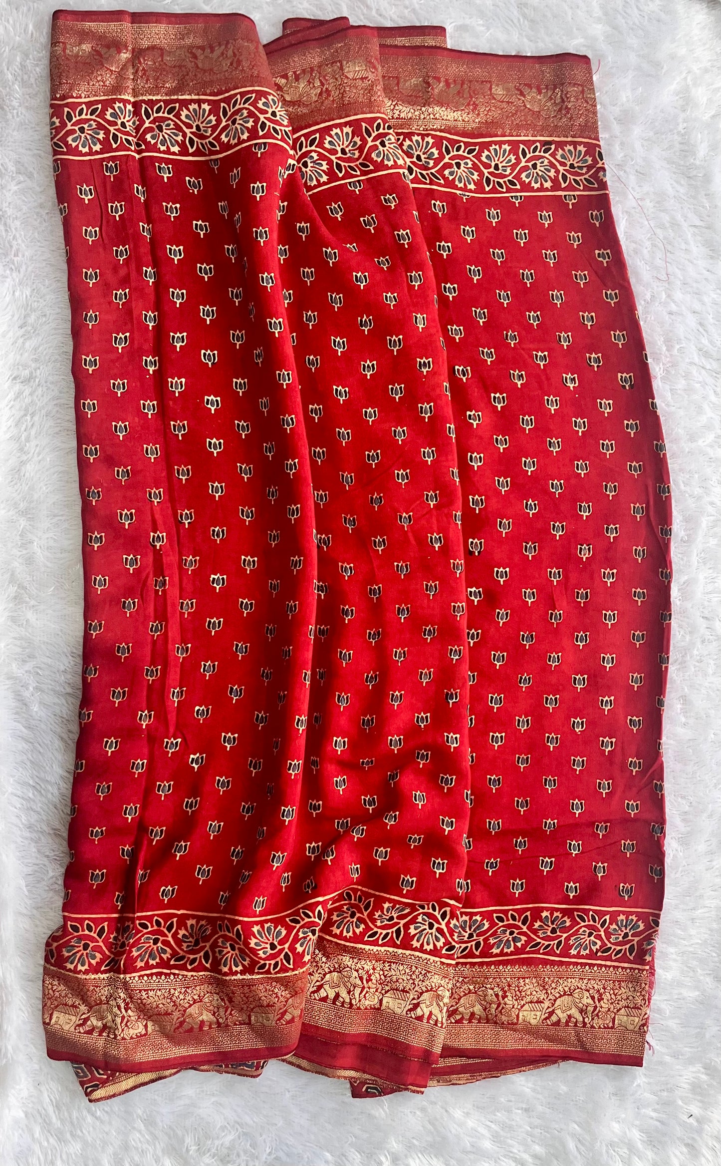 Brick Red Kamal Buti Motif Ajrakh Hand Block Dola Silk with Nakkashi Zari Pallu Saree With Blouse