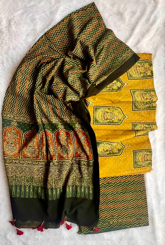 Mustard Yellow Kalash Motif Ajrakh Unstitched Pure Cotton Suit Set with Cotton Dupatta