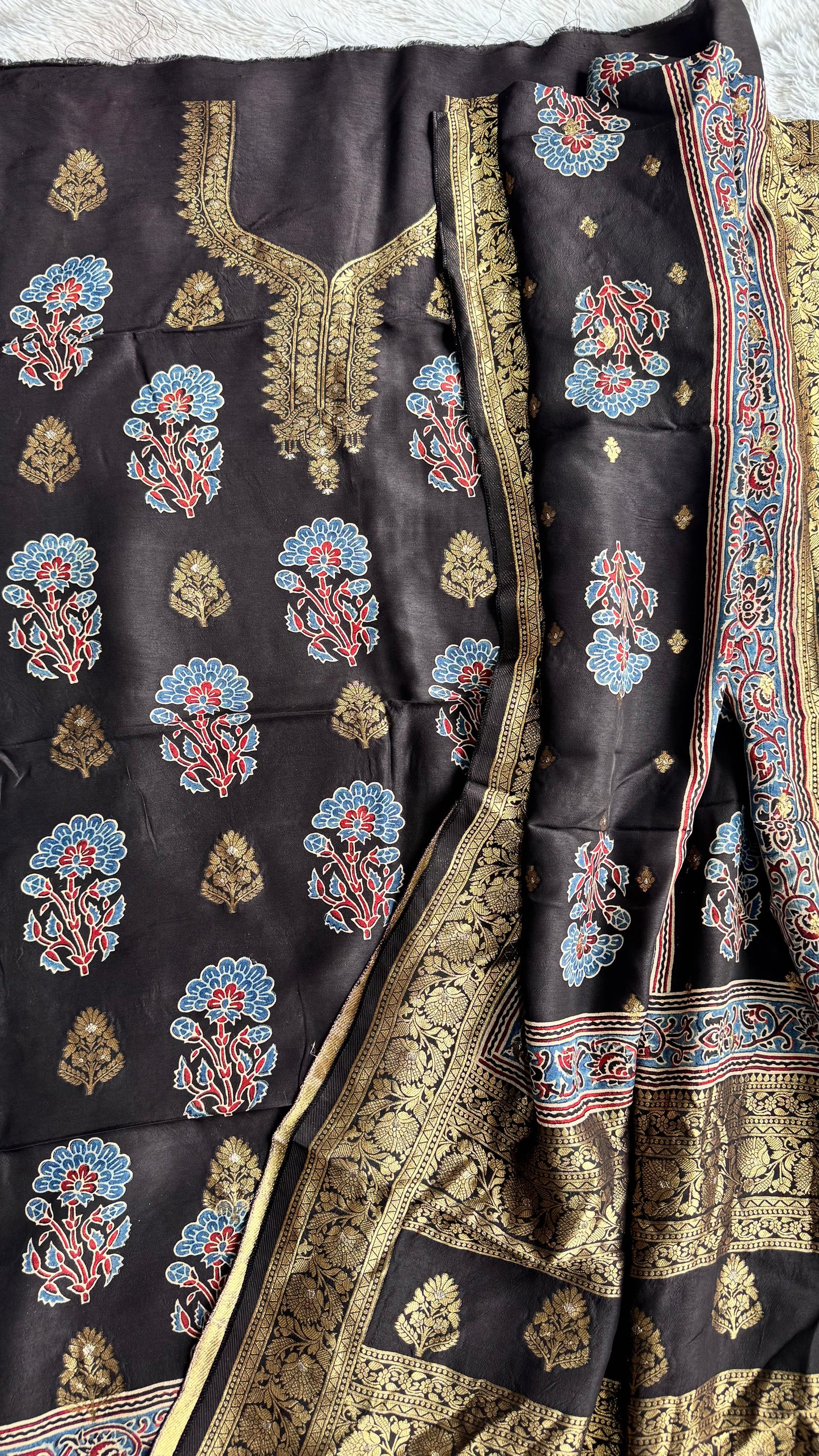 Black Mugal Buta Motif Pure Dola Silk Ajrakh Hand Block Print 2pc Suit Material Set with Zari Yoke and Nakkashi Dupatta