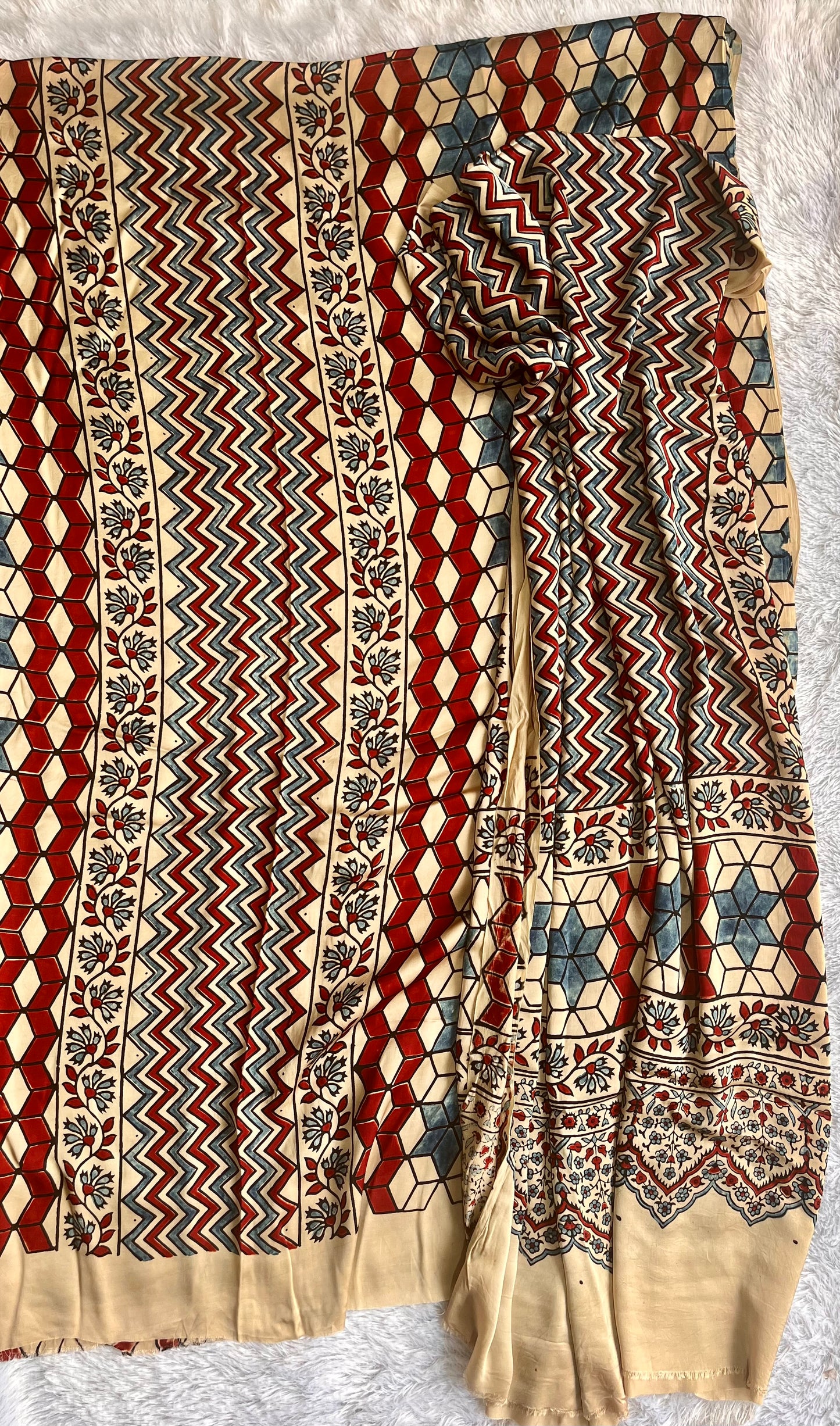 Off White and Red Grid Print Modal Silk Ajrakh Natural Dyed Hand Block Print 2pc Suit Material Set