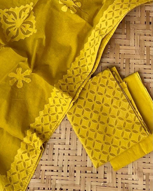 Haldi Shade Barmer Applique Cut Work Cotton 3pc Suit Material Set