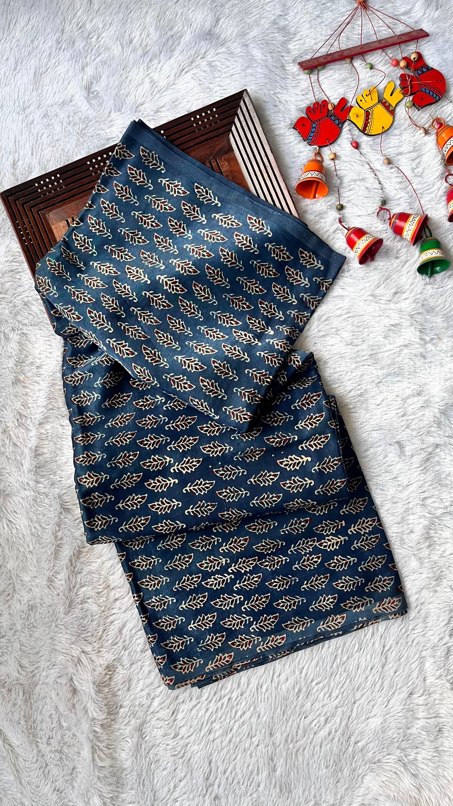 Blue Choti Buti Ajrakh Mashru Silk fabric