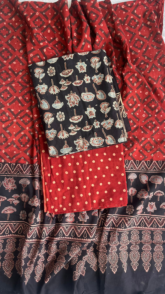 Red and Black Booti Ajrakh Unstitched Suit Set with Ajrakh Cotton Dupatta