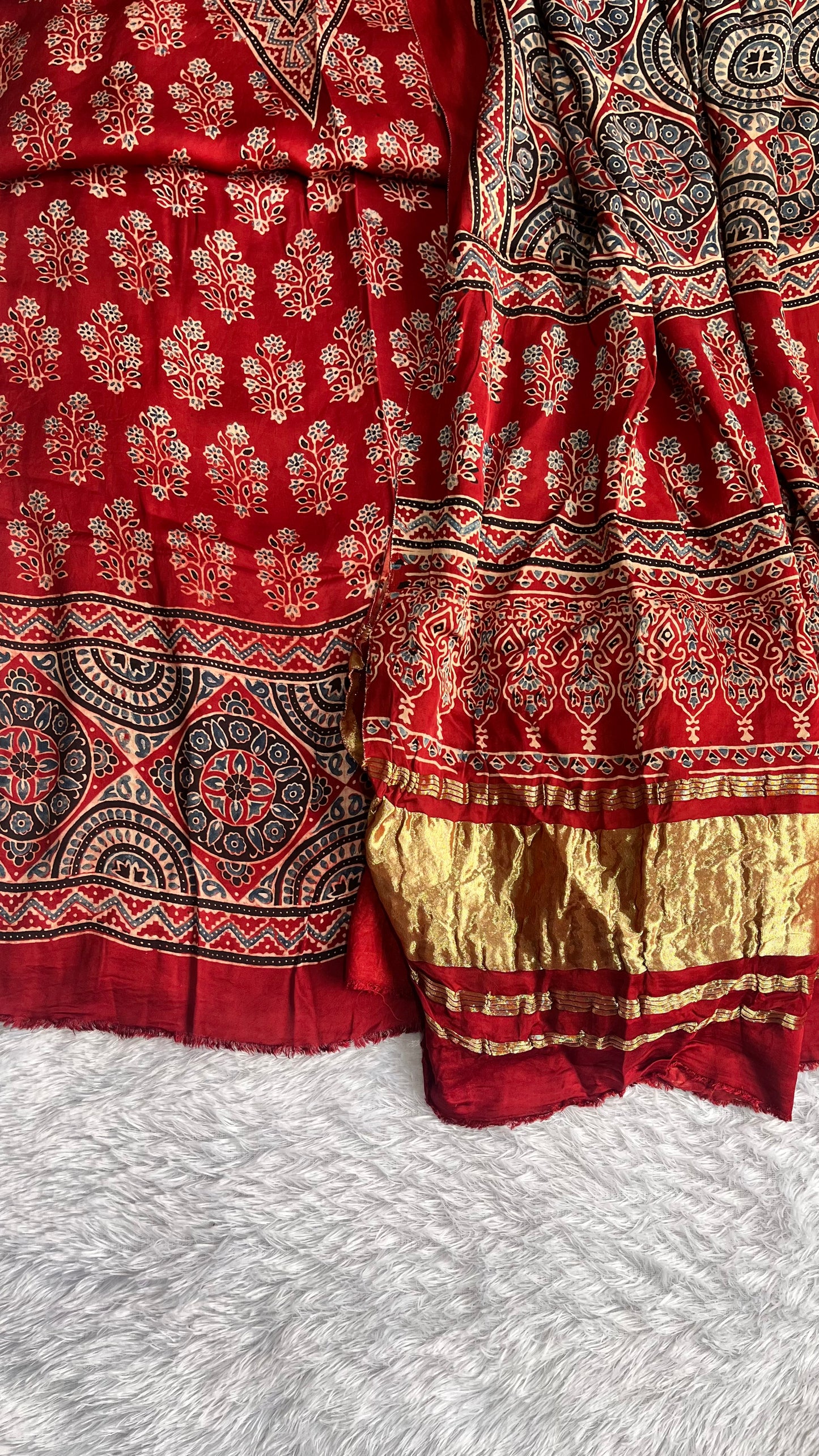 Red Mugal Buta Print Modal Silk Ajrakh Natural Dyed Hand Block Suit Set with Lagdi Patti Dupatta