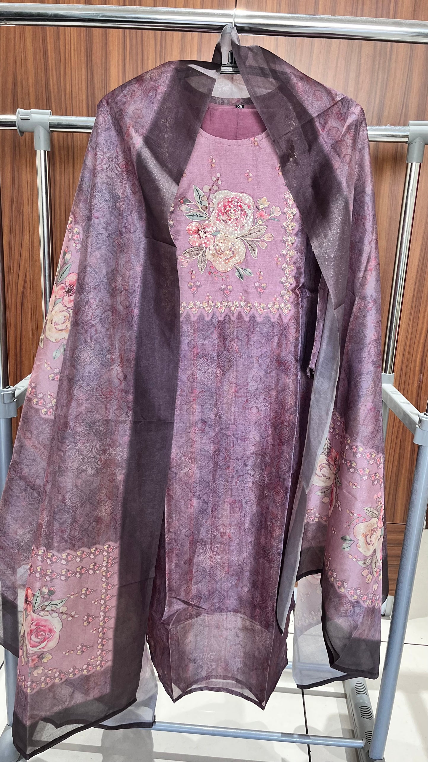 Purple Hues Floral Motif Pure Tissue Shimmer Suit Set with Shimmer Dupatta