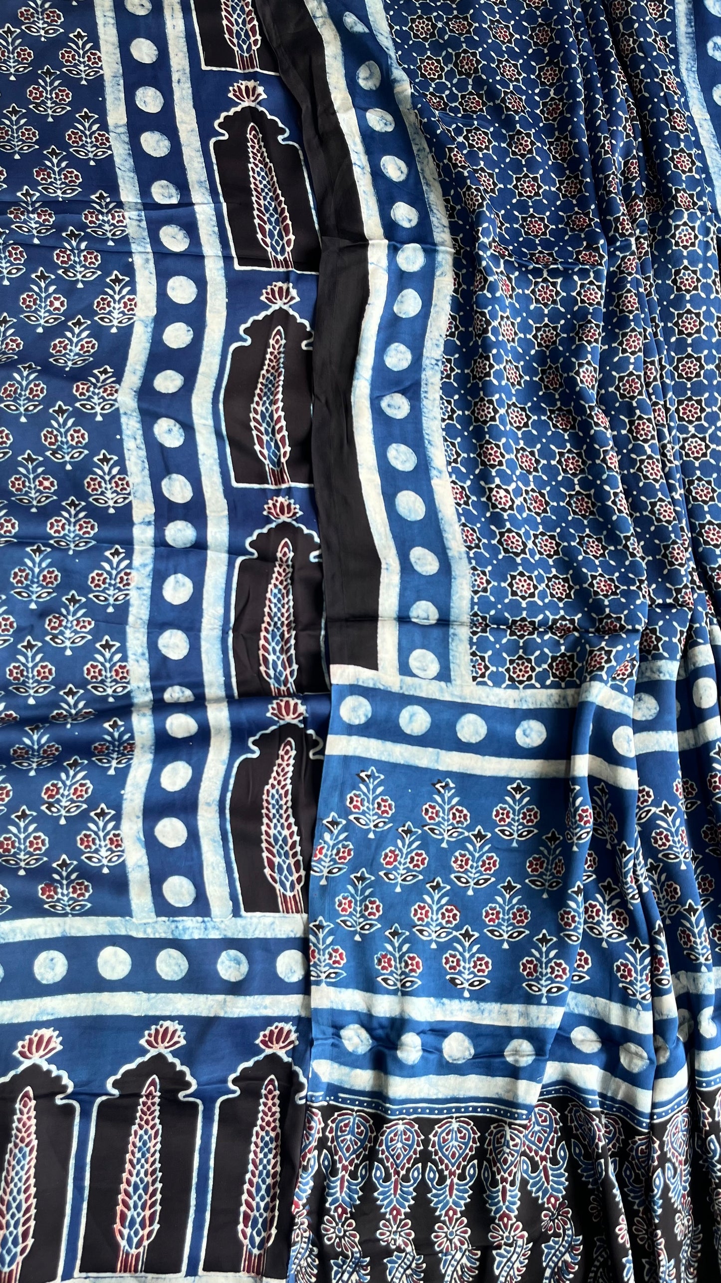 Indigo Blue Jharokha Print Modal Silk Ajrakh Natural Dyed Hand Block Print 2pc Suit Material Set