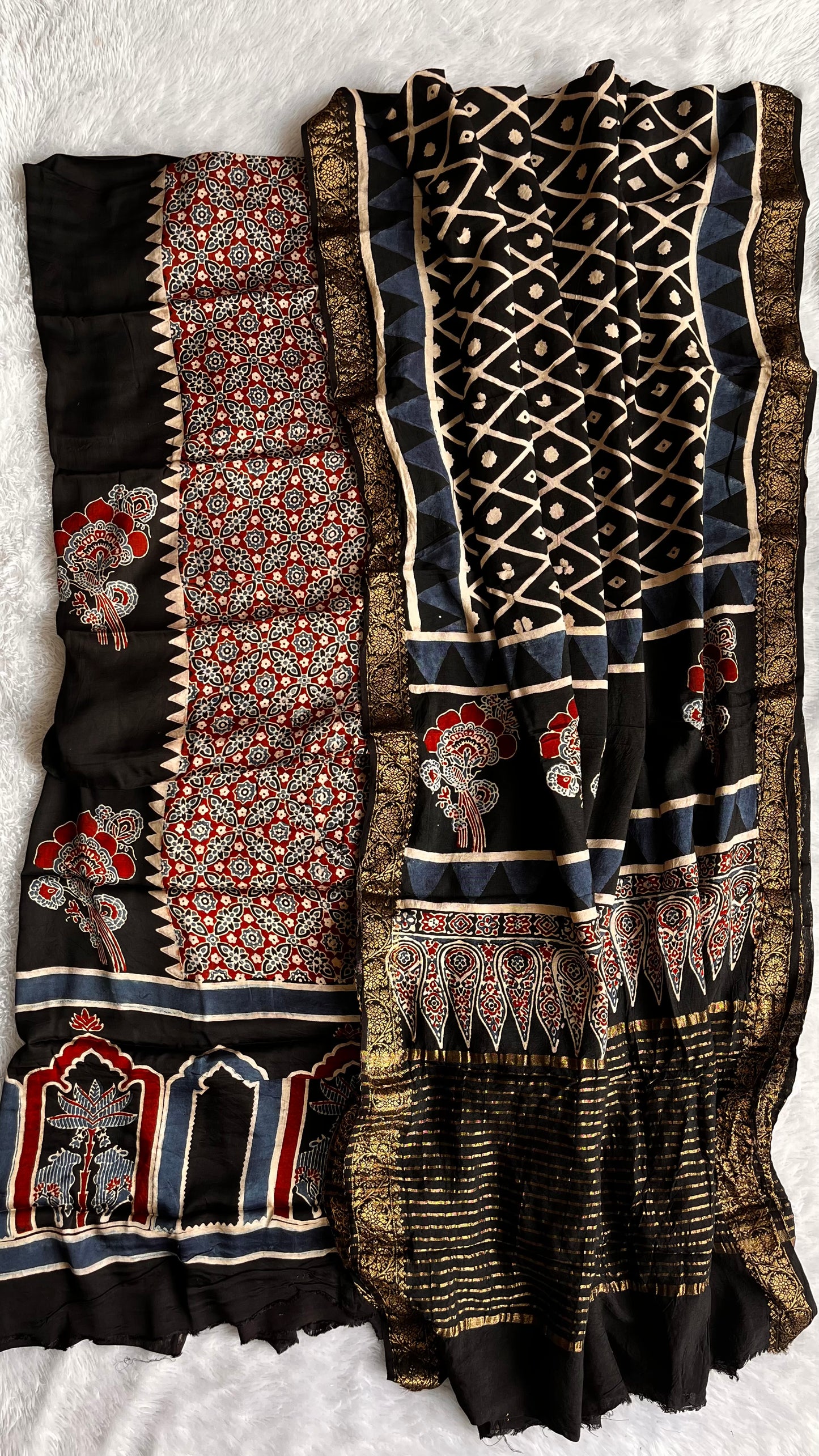 Black Jharokha Buta Motif Modal Silk Suit Material with Ajrakh Dola Silk Dupatta