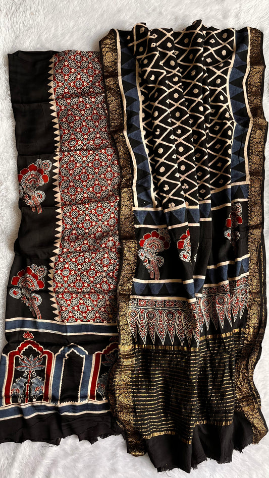 Black Jharokha Buta Motif Modal Silk Suit Material with Ajrakh Dola Silk Dupatta
