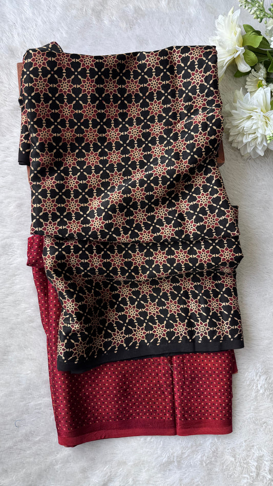 Black and Red Jaal Motif and Asopallav Ajrakh Mashru Silk Kurta Pant Fabric