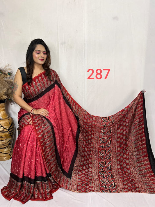 Peach and Red Ajrakh Bandhej Hand Block Modal Silk Saree With Blouse