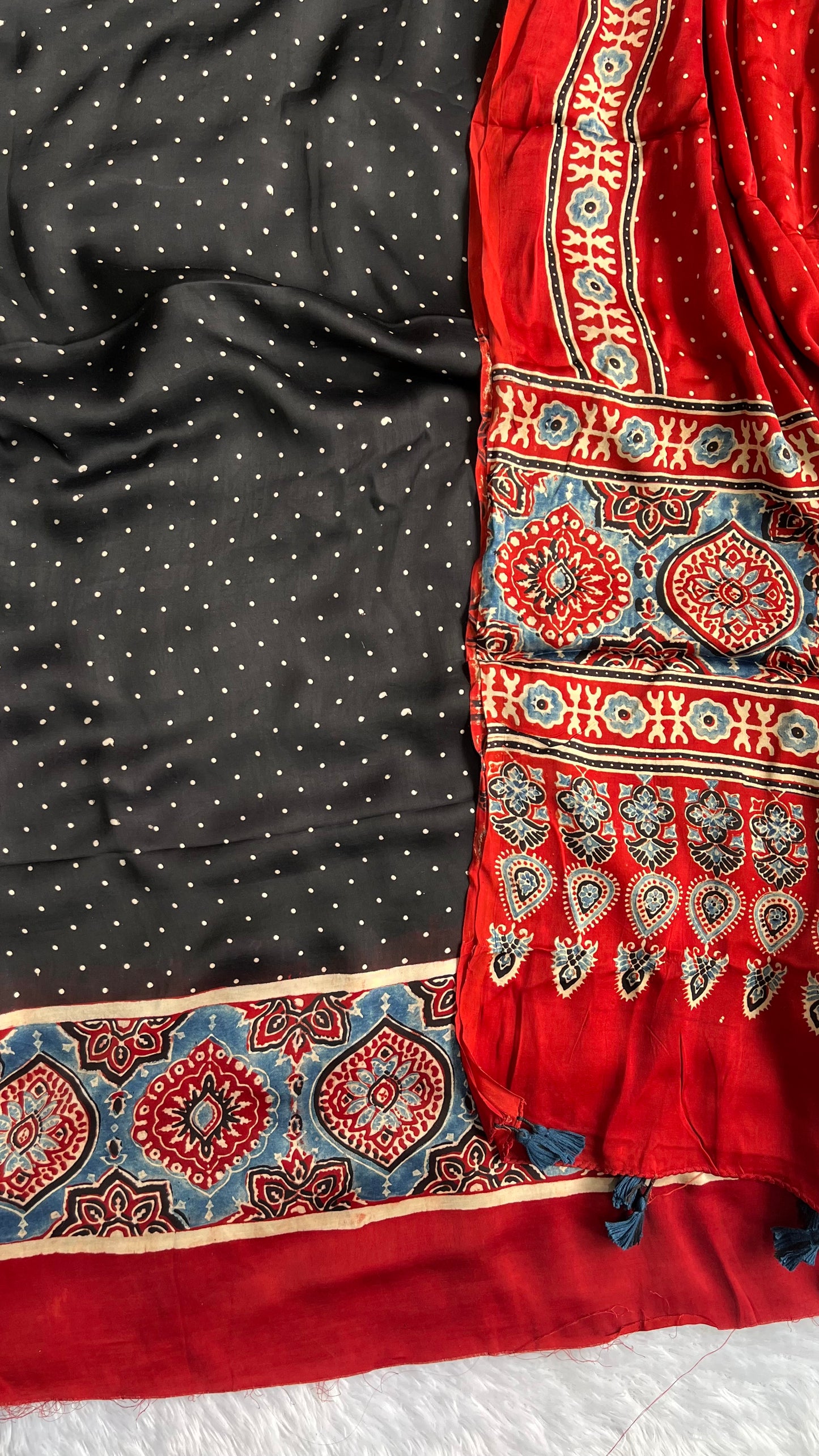 Black and Red Polka Motif Modal Silk Ajrakh Hand Block 2 pc Suit Set