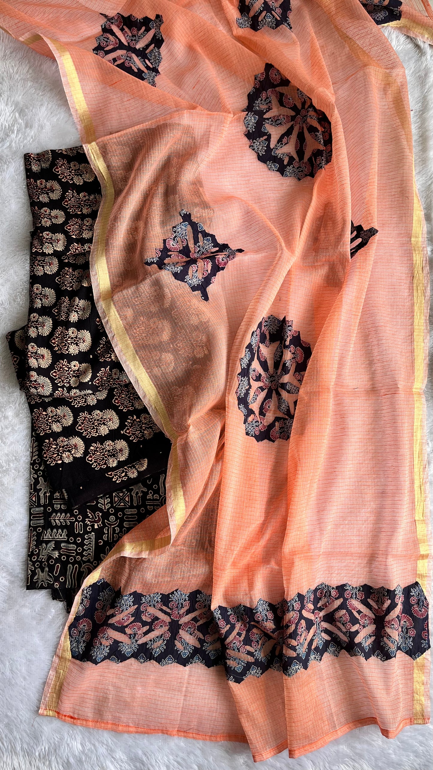 Black Mugal Booti Pure Cotton Ajrakh Unstitched Suit Set with Ajrakh Applique Kota Dupatta