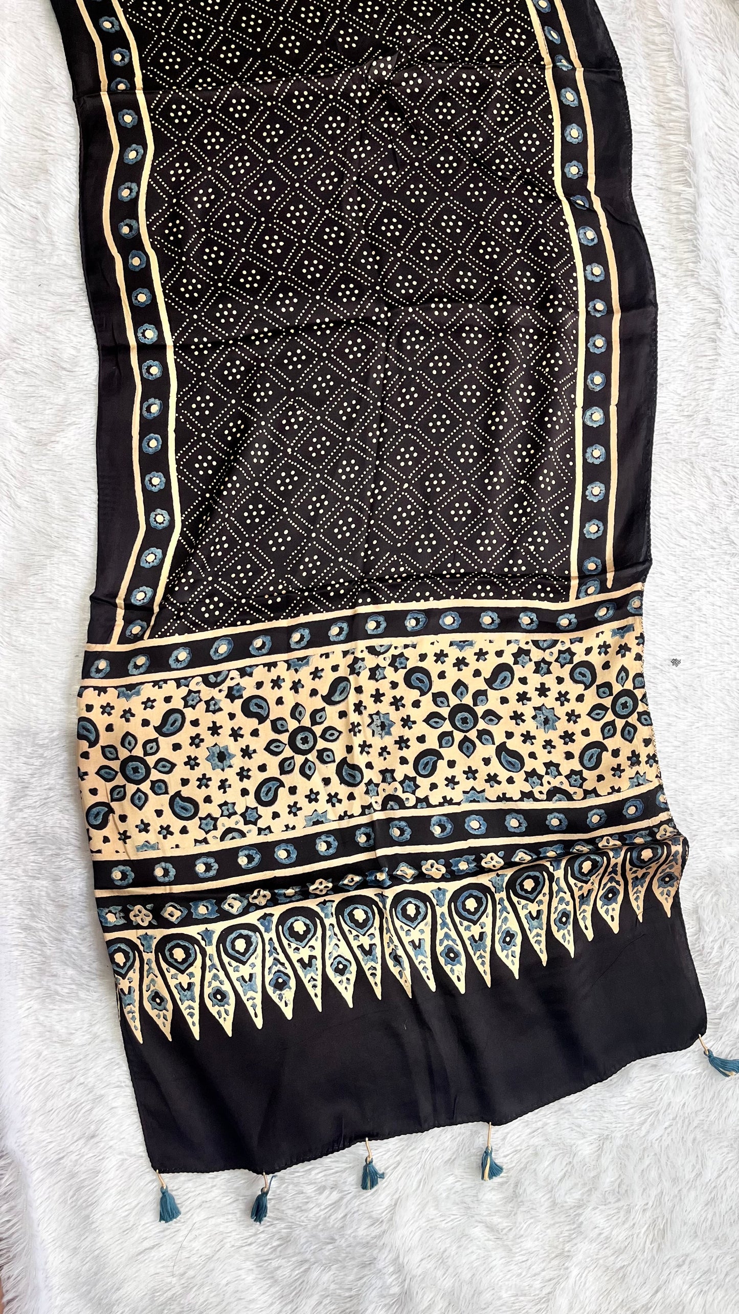 Black Rai Dana Motif Ajrakh Hand Block Print Modal Silk Stole with Tassels