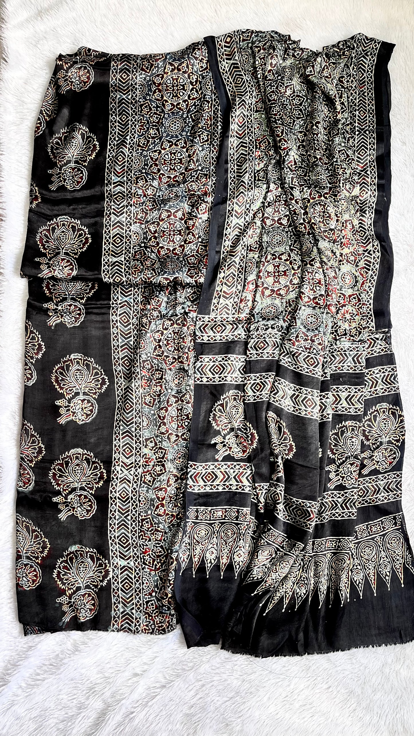 Black Big Boota Motif Modal Silk Ajrakh Natural Dyed Hand Block Print 2pc Suit Material Set